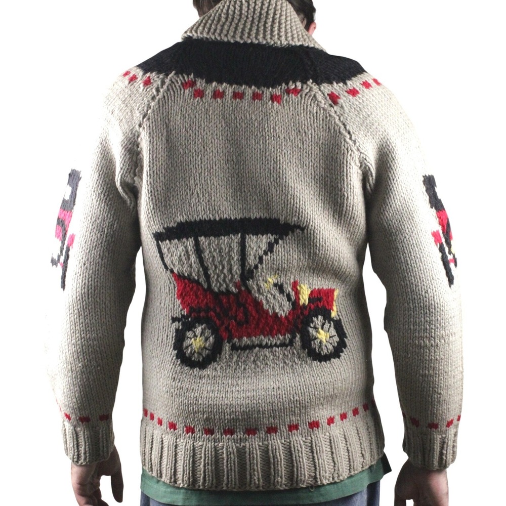 Vintage Mary Maxim Antique Autos 433 "Cowichan" Car Mens L Sweater Zip Cardigan - Picture 5 of 14